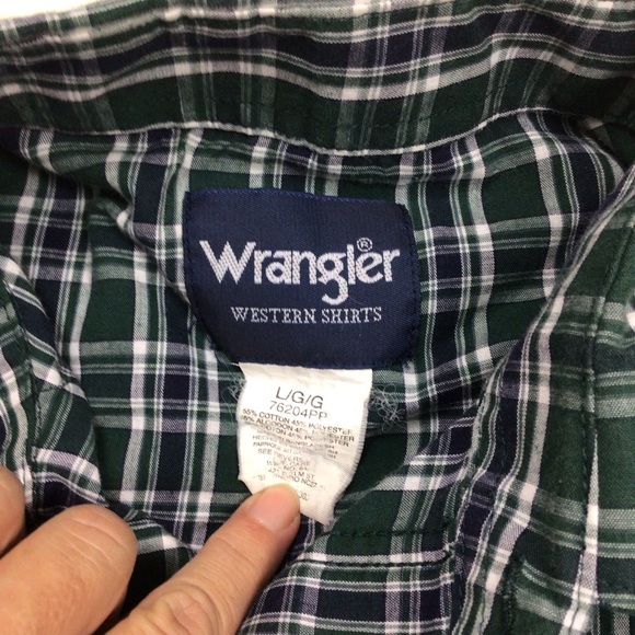 Vintage Wrangler Western Style Shirt Mens Pearl Snap Cowboy Cut Green Plaid L - Picture 5 of 6